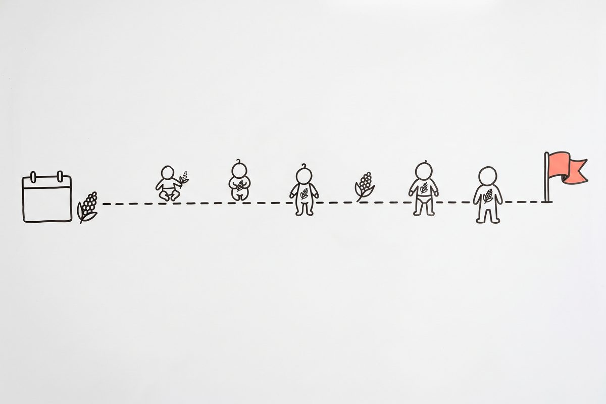 A left to right timeline from a calendar icon to a flag icon with small toddler figures spaced along the dashed line and a grain motif at the start.