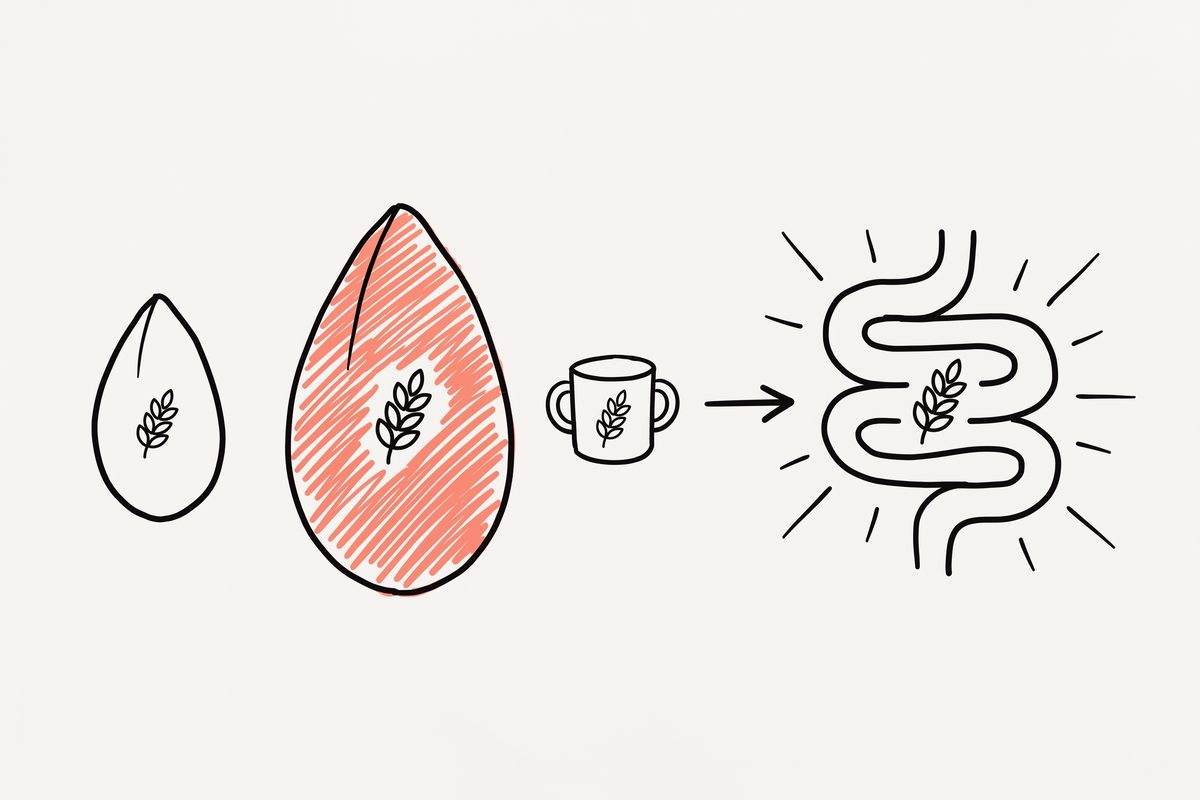 Two grain kernels side by side, one plain and small, one larger and filled with coral hatching, next to a cup icon and a gut coil shape with small radiating activity lines.