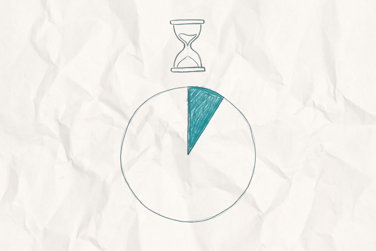 A circle divided into a small teal wedge and a much larger plain outline wedge, with an hourglass icon above it.
