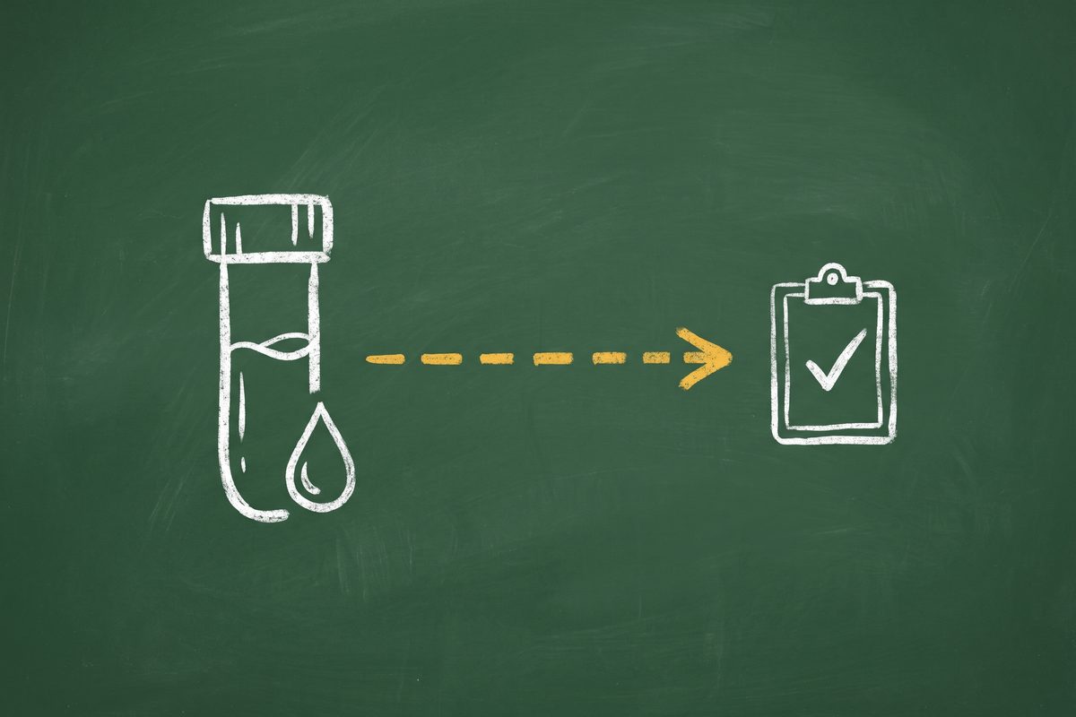 A sample vial icon with a dashed arrow pointing to a small clipboard with a checkmark, and a blood droplet icon near the vial.