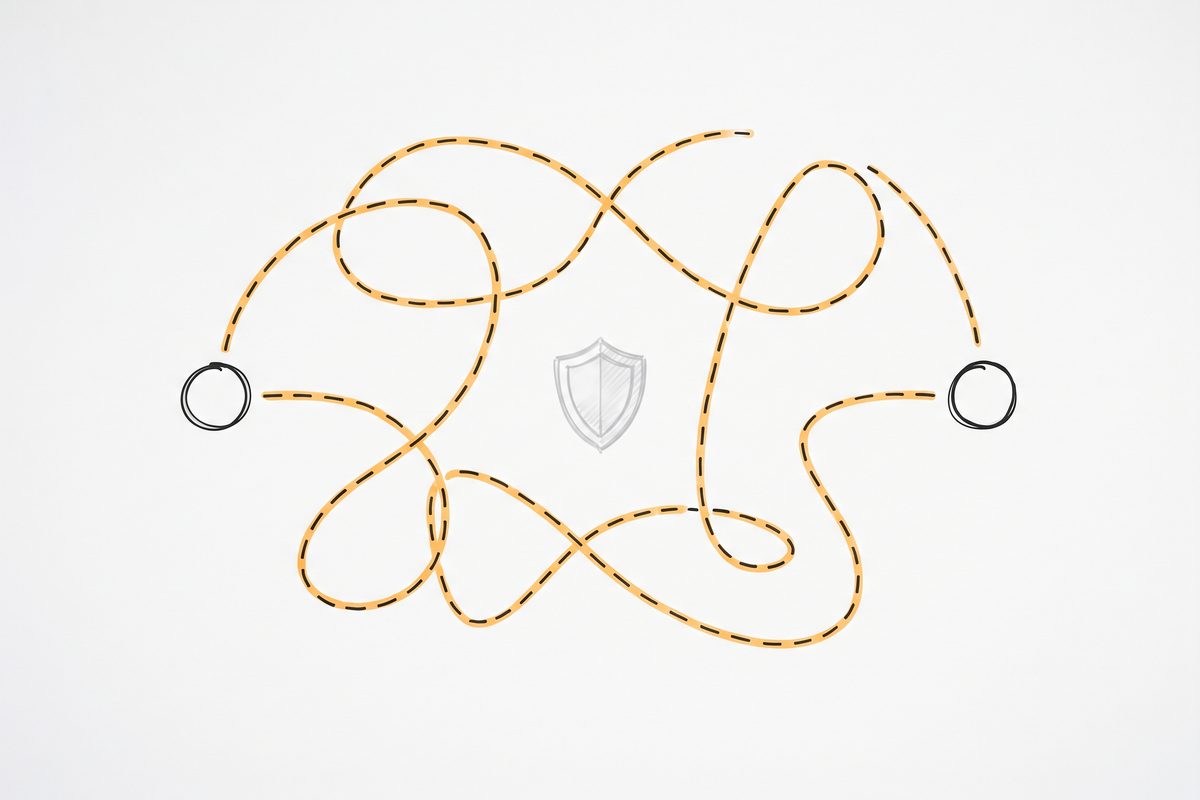 Two small circles connected by a dashed looping line instead of a straight arrow, with a faded shield icon between them.