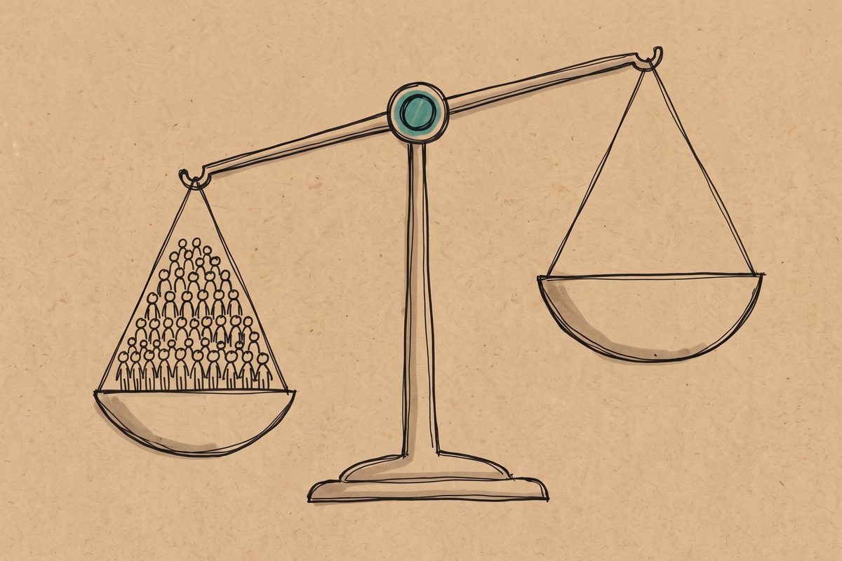 A balance scale with a small stack of stick figures on one side and empty space on the other