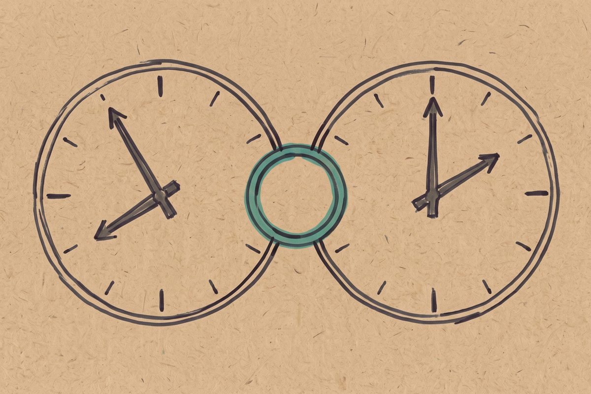 Two hand-drawn clock faces with hands pointing to similar positions, linked by a small circle