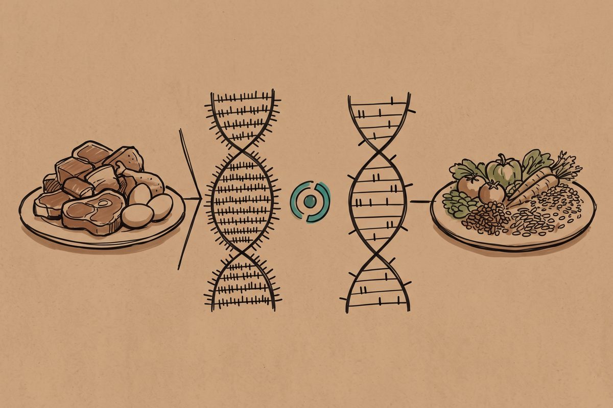 Two DNA strands side by side, one dense with small tick marks fed by a meat plate, one sparser fed by a vegetable plate